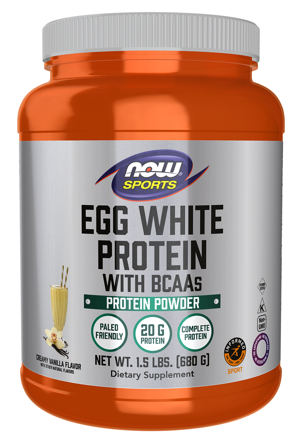 NOW Sports, Egg White Protein, 20g w/BCAAs, Creamy Vanilla Powder, 1.5 lbs — product image