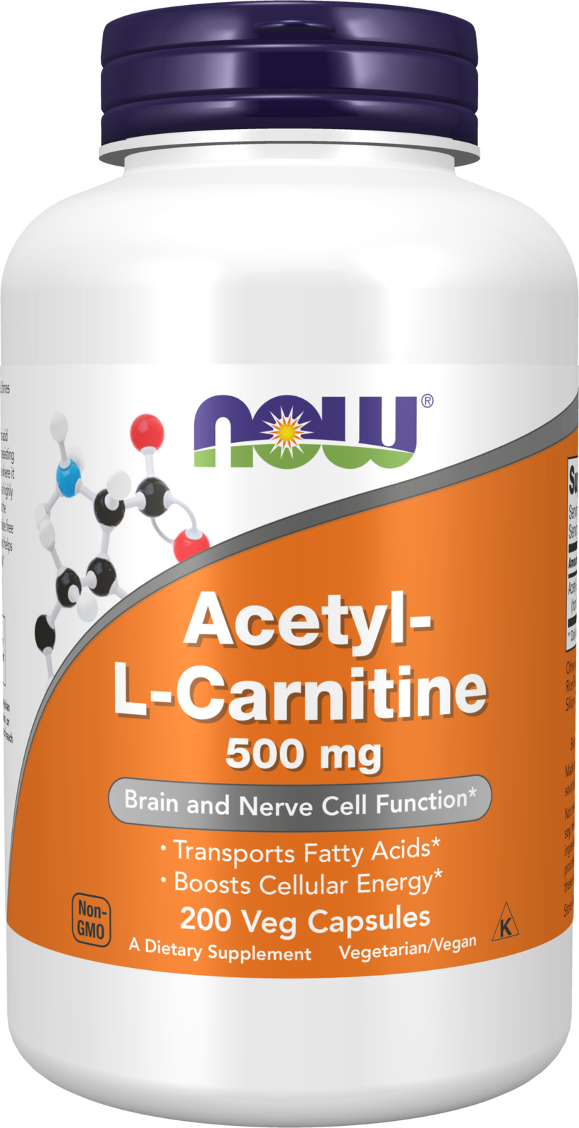 NOW Supplements, Acetyl-L Carnitine 500 mg, Brain Energy*, 200 Veg Caps — product image
