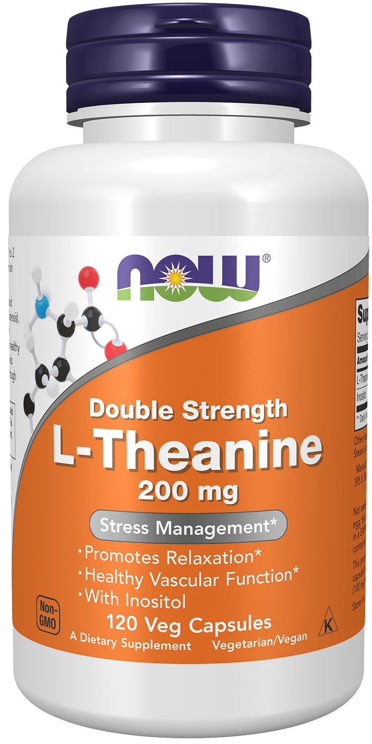 NOW Supplements, L-Theanine 200 mg with Inositol, 120 Veg Caps — product image