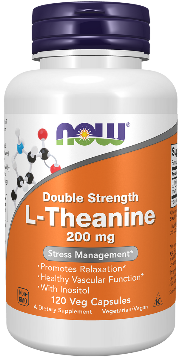 NOW Supplements, L-Theanine 200 mg with Inositol, 120 Veg Caps — product image
