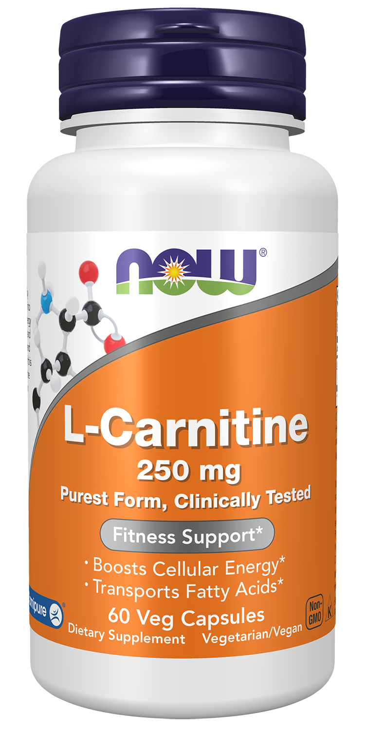 NOW Supplements, L-Carnitine 250 mg, Purest Form, Amino Acid, 60 Veg Caps — product image