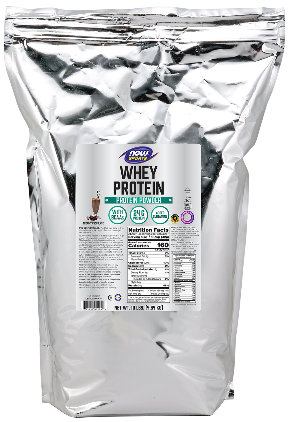 NOW Sports, Whey Protein 24 g With BCAAs, Creamy Chocolate Flavor, 10 lbs — product image