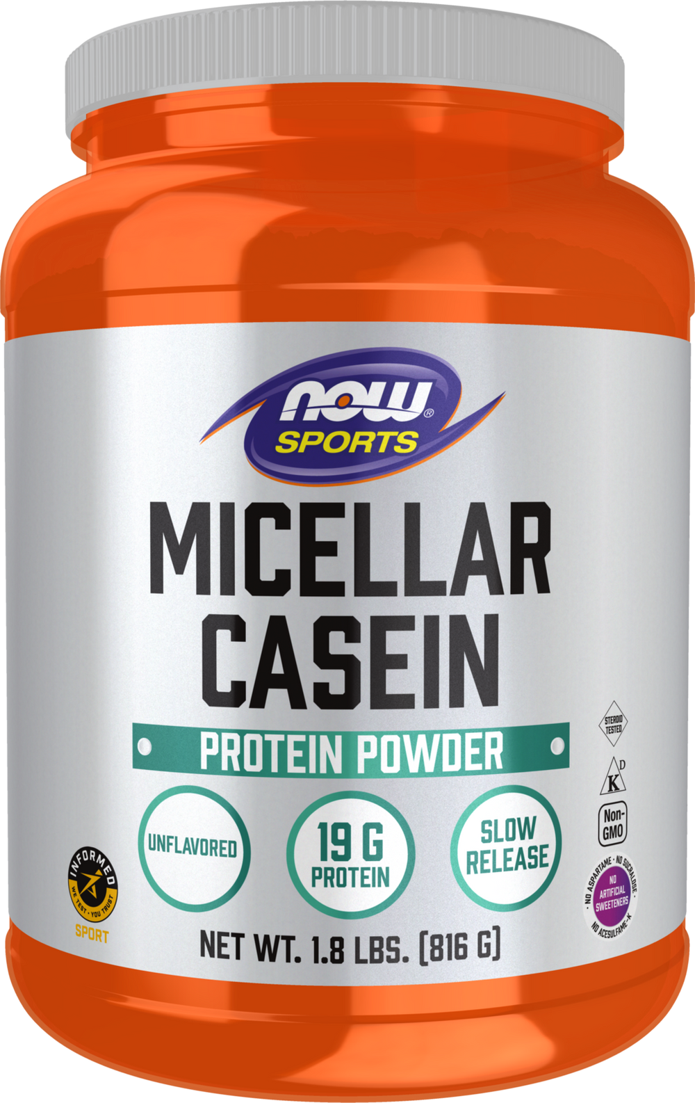 NOW Sports, Casein Protein 19 g, Micellar Casein, Unflavored Powder, 1.8 lb — product image
