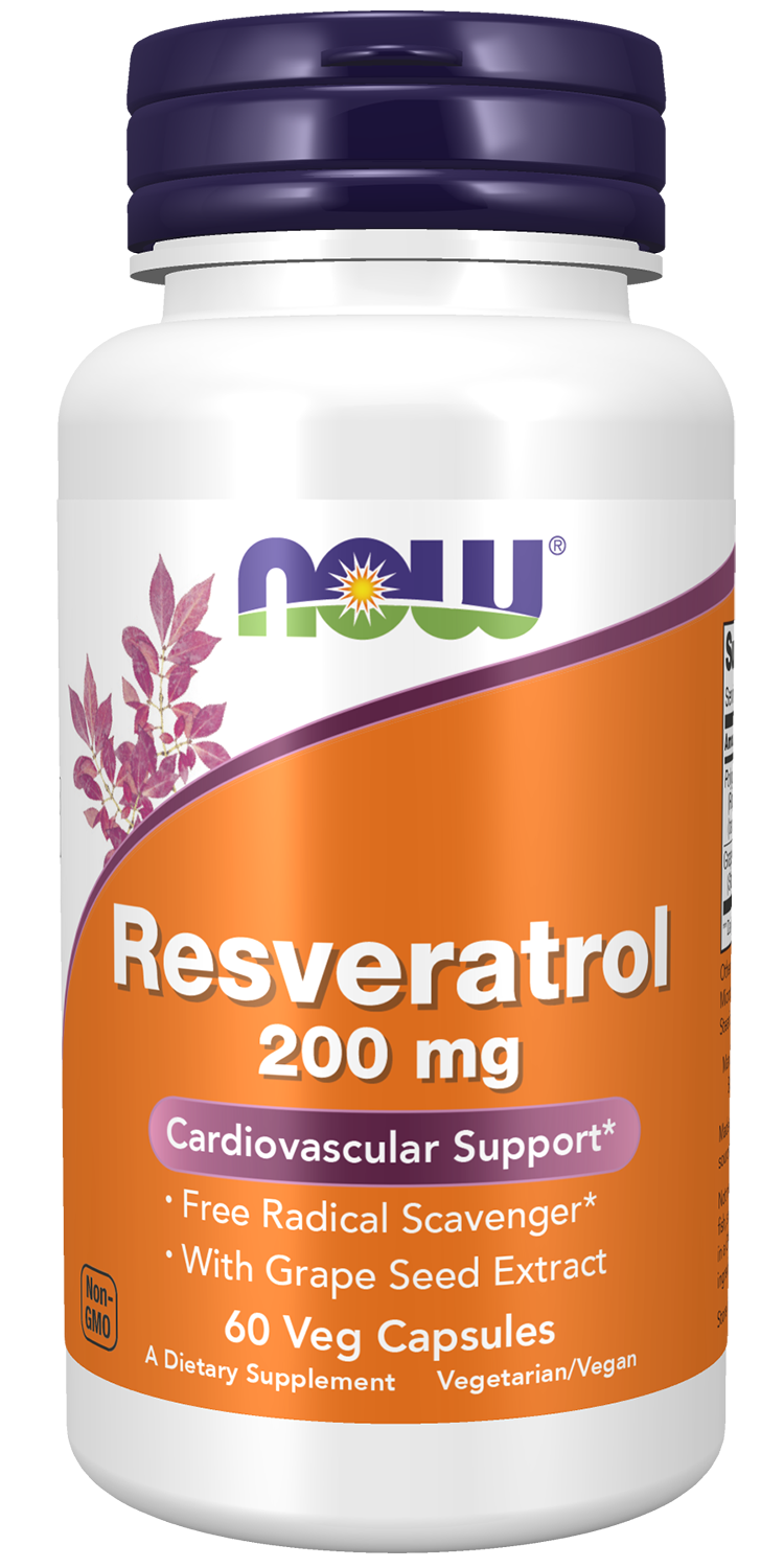 NOW Supplements, Resveratrol 200 mg, Grape Seed Extract, 60 Veg Caps — product image