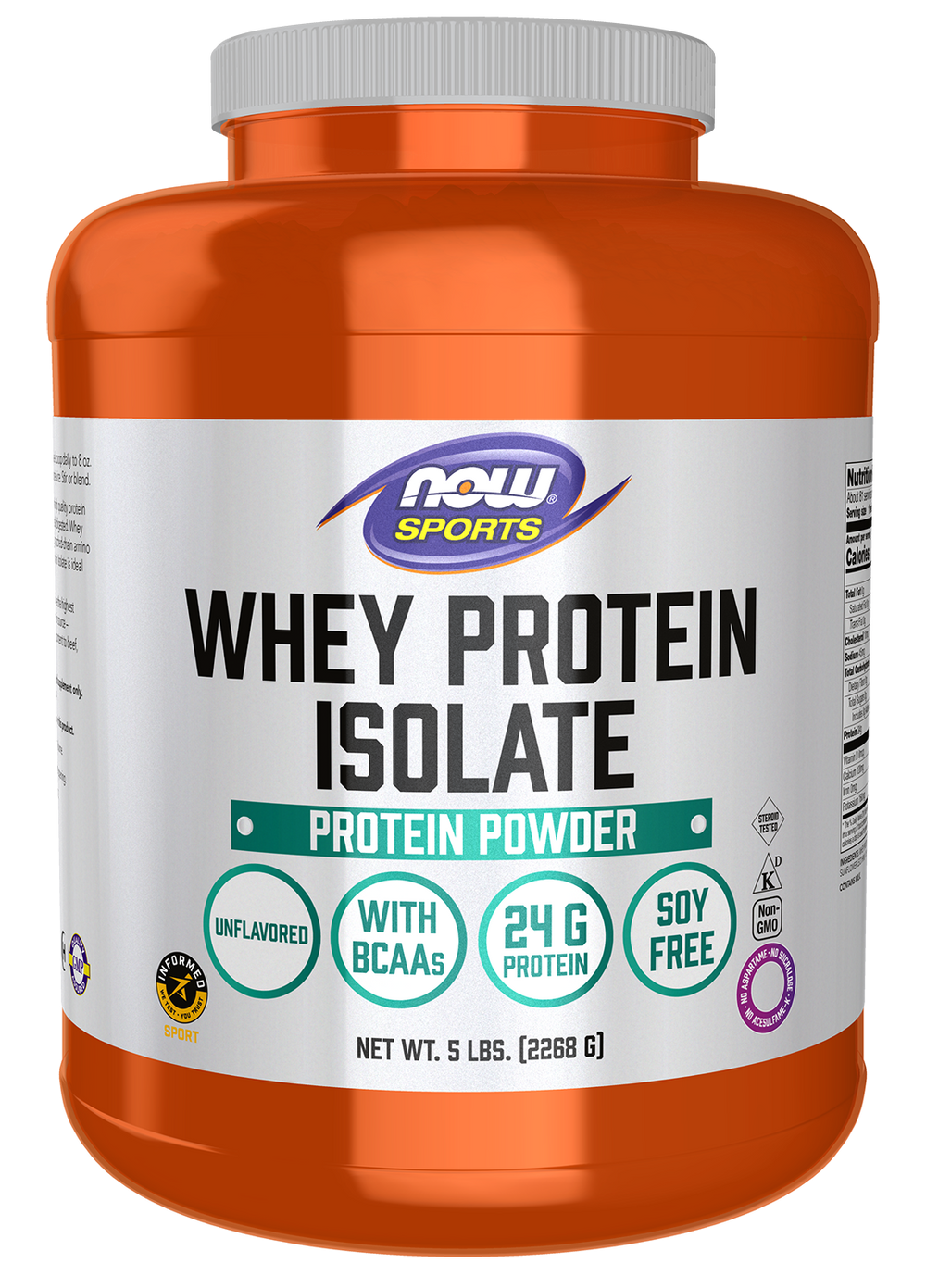 NOW Sports, Whey Protein Isolate 24 g With BCAAs, Unflavored Powder, 5 lbs — product image