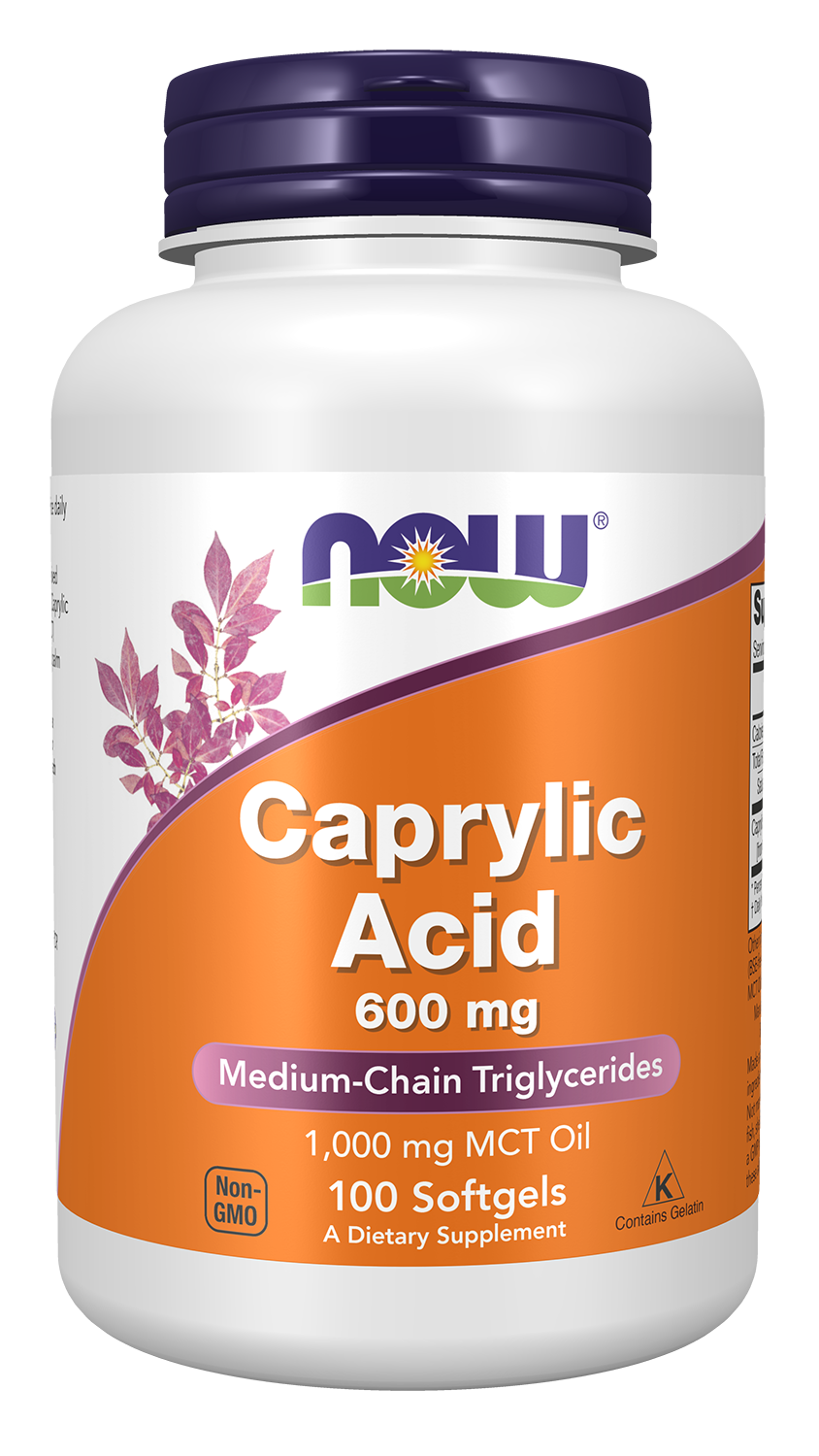 NOW Supplements, Caprylic Acid  600 mg, MCT, 100 Softgels — product image