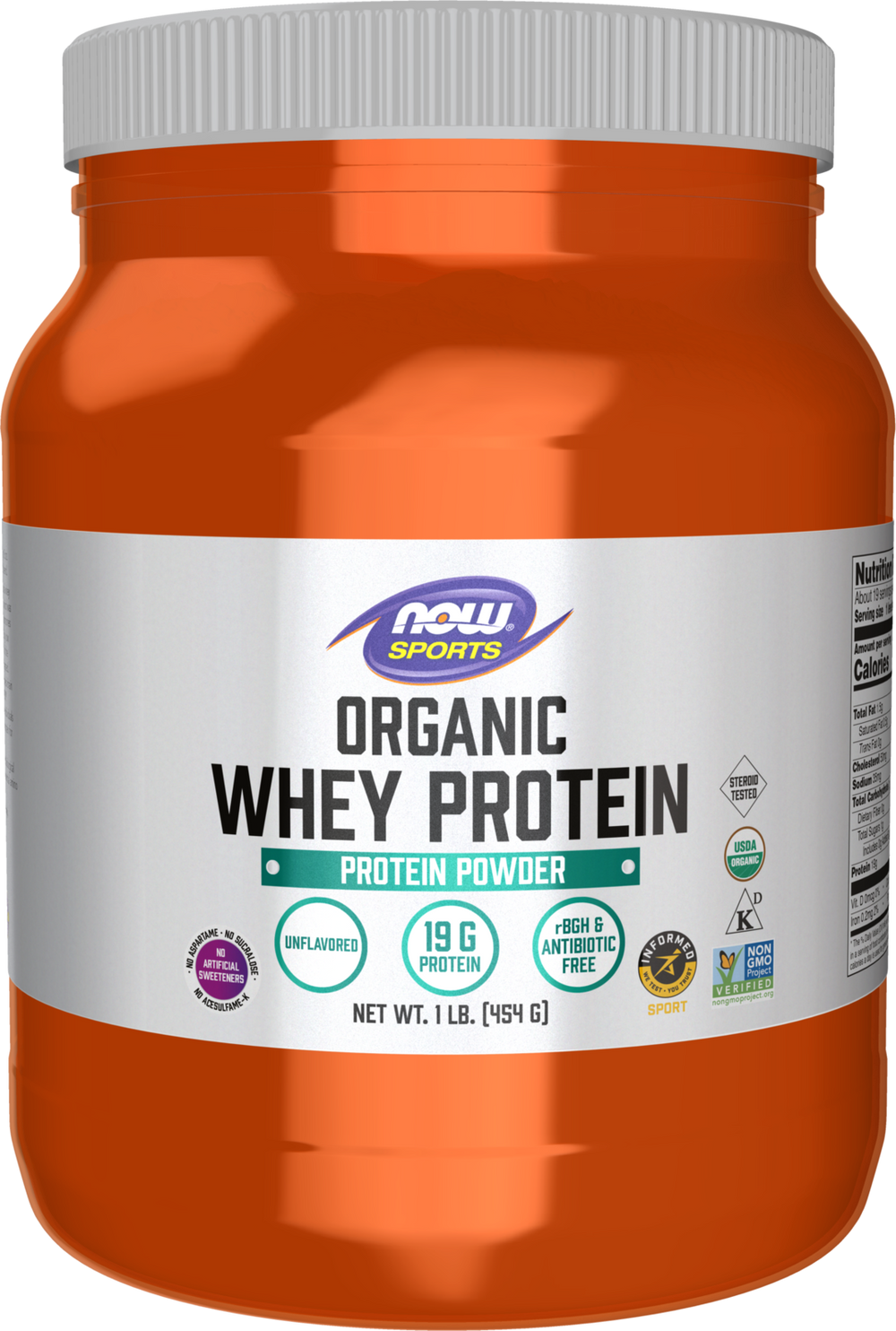 NOW Sports, Certified Organic Whey Protein 19g, Unflavored Powder, 1 lb — product image
