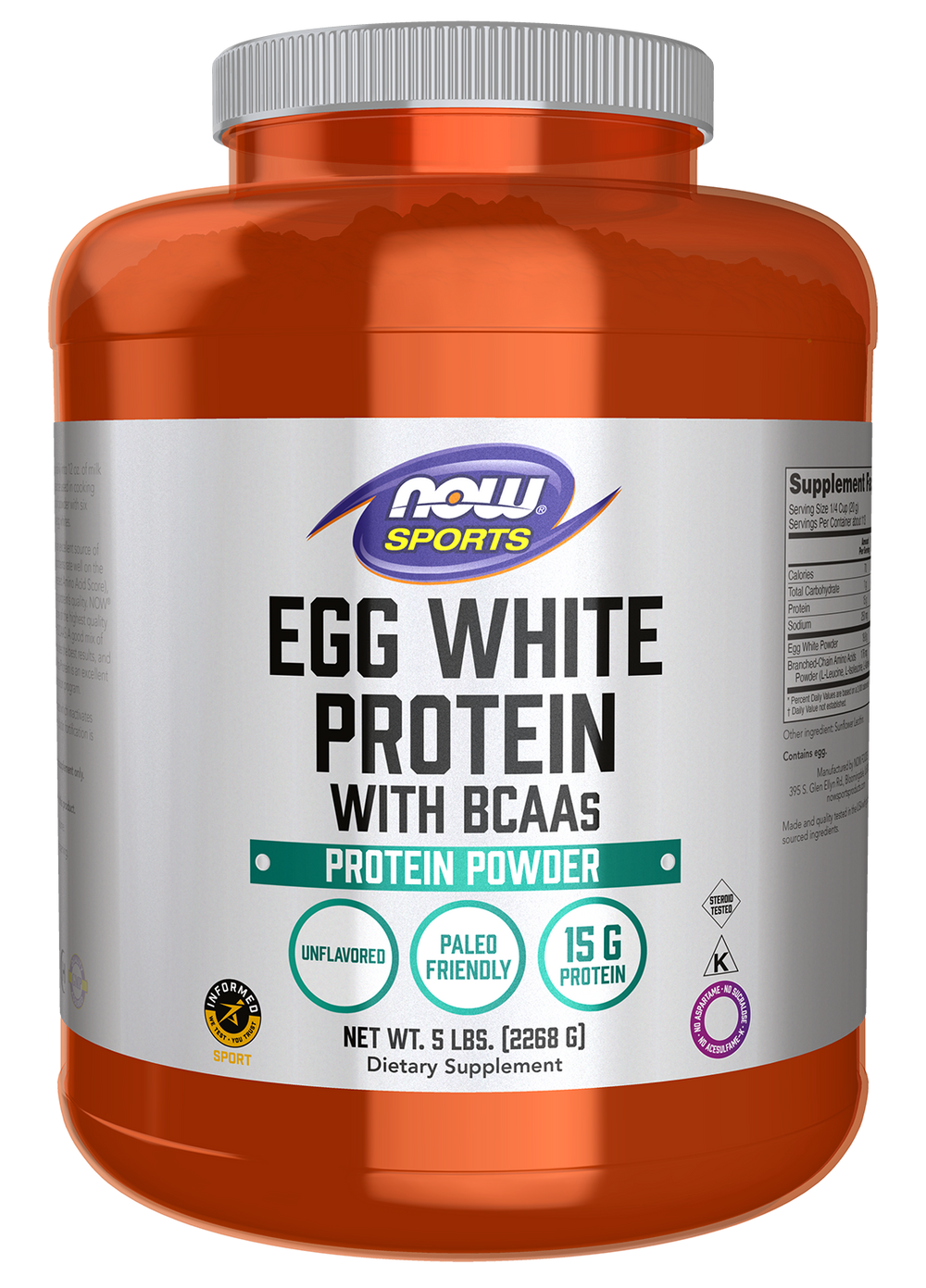 NOW Sports, Egg White Protein, 15g With BCAAs, Unflavored Powder, 5 lbs — product image