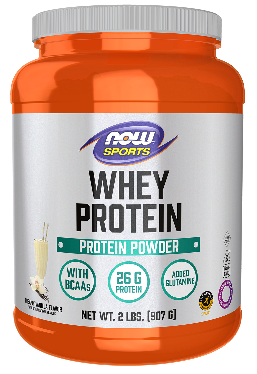NOW Sports, Whey Protein 26 g With BCAAs, Creamy Vanilla Flavor, 2 lbs — product image