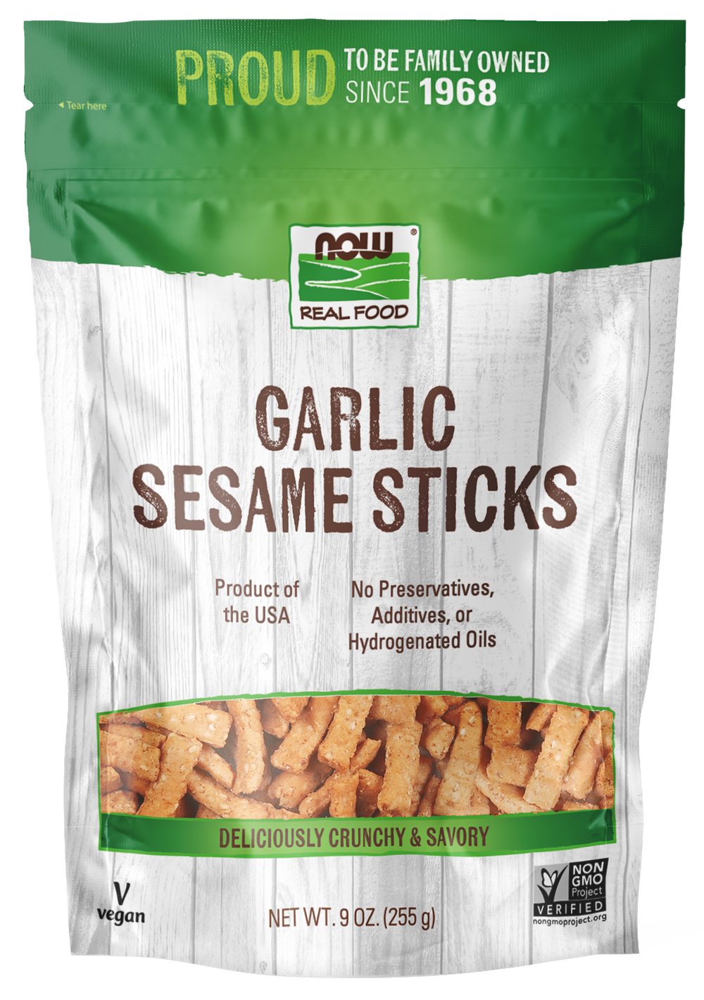 NOW Foods, Garlic Sesame Sticks, Deliciously Crunchy and Savory, 9 oz — product image