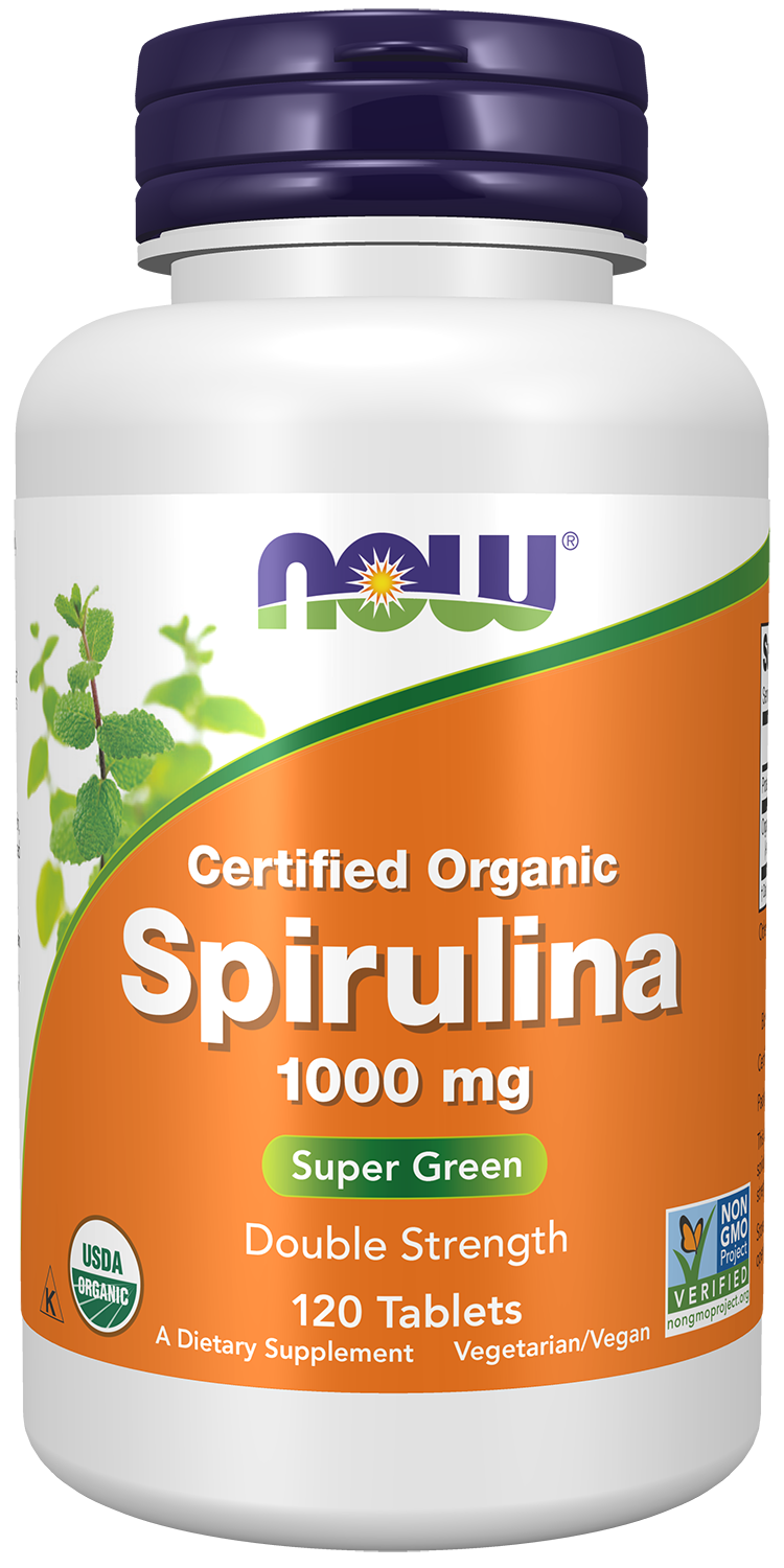 NOW Supplements, Organic Spirulina 1,000 mg, Double Strength, 120 Tabs — product image
