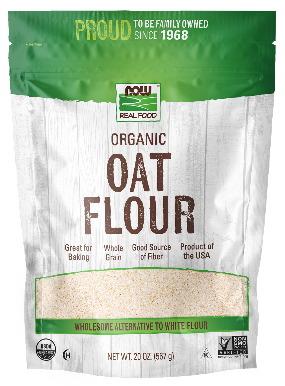 NOW Foods, Organic Oat Flour, Whole Grain, Good Source of Fiber, 20 oz — product image