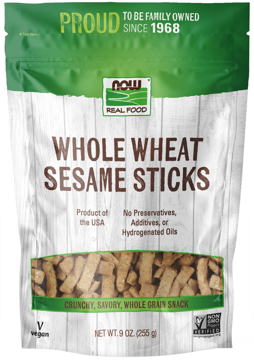 NOW Foods, Whole Wheat Sesame Sticks, Certified Non-GMO, 9 oz — product image