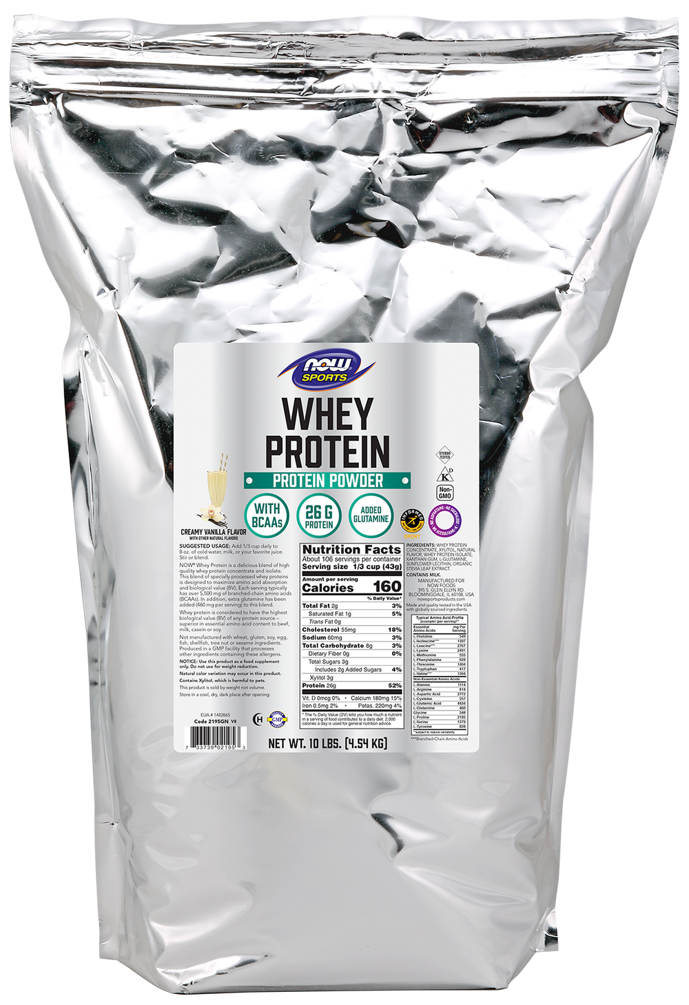 NOW Sports, Whey Protein 26 g With BCAAs, Creamy Vanilla Flavor, 10 lbs — product image