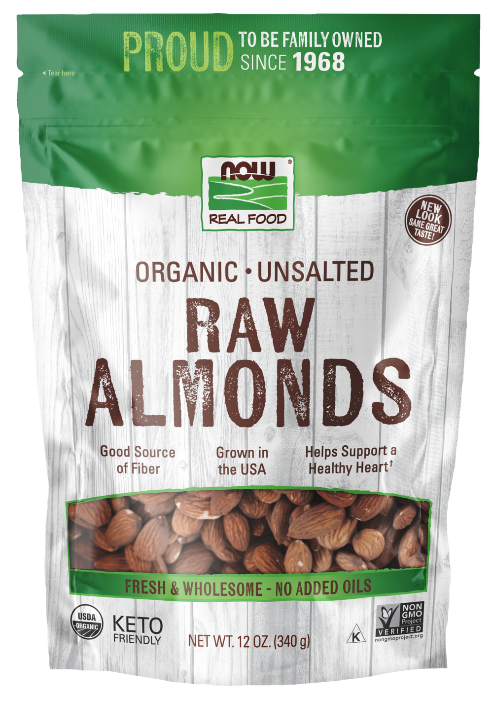 NOW Foods, Certified Organic Almonds, Raw, Unsalted, Protein & Fiber, 12 oz — product image