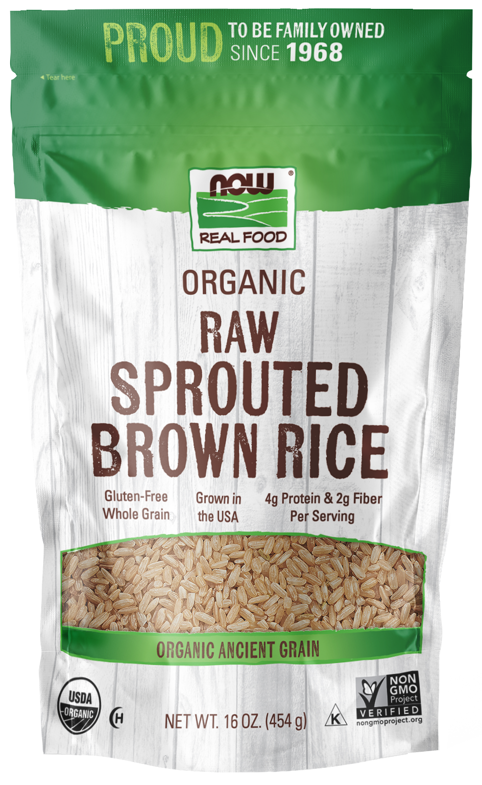 NOW Foods, Organic Sprouted Brown Rice, Raw, Gluten-Free, 16 oz — product image