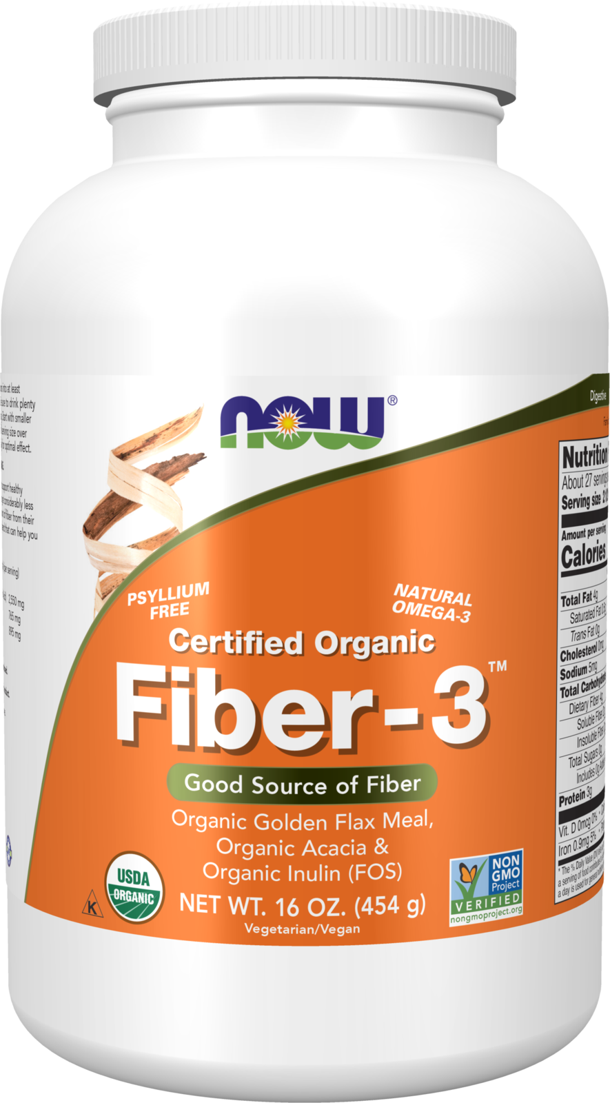 NOW Supplements, Organic Fiber-3, Psyllium Free, w/ Golden Flax Meal, 16 oz — product image