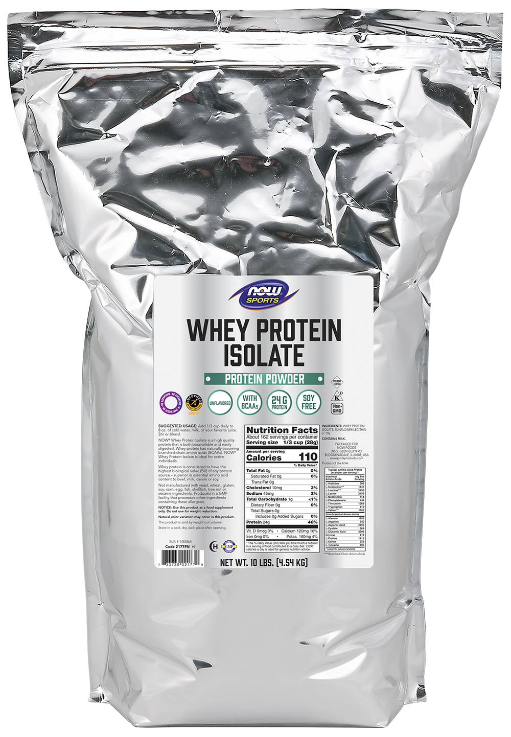 NOW Sports, Whey Protein Isolate 24 g With BCAAs, Unflavored Powder, 10 lbs — product image