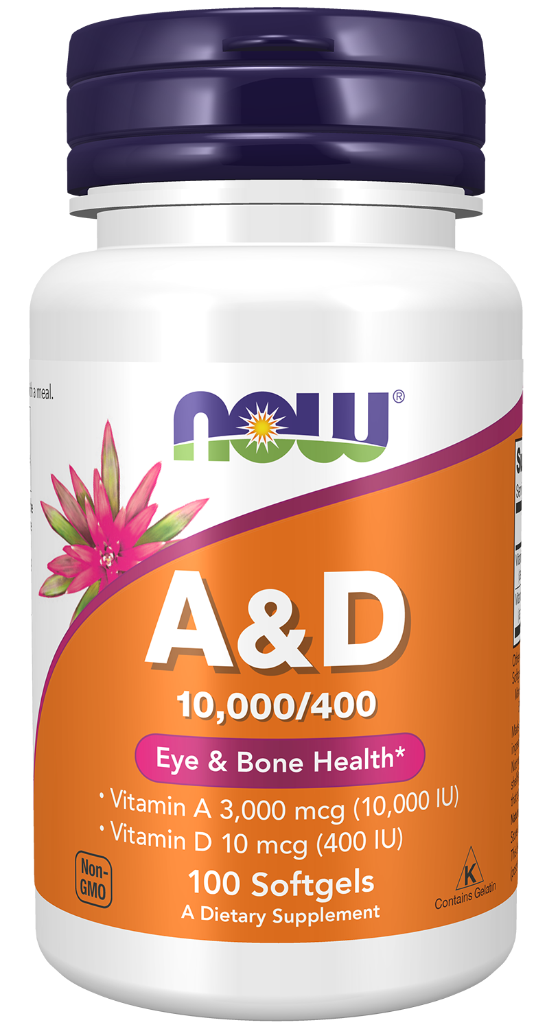 NOW Supplements, Vitamin A & D 10,000/400 IU, Eye Health*, 100 Softgels — product image