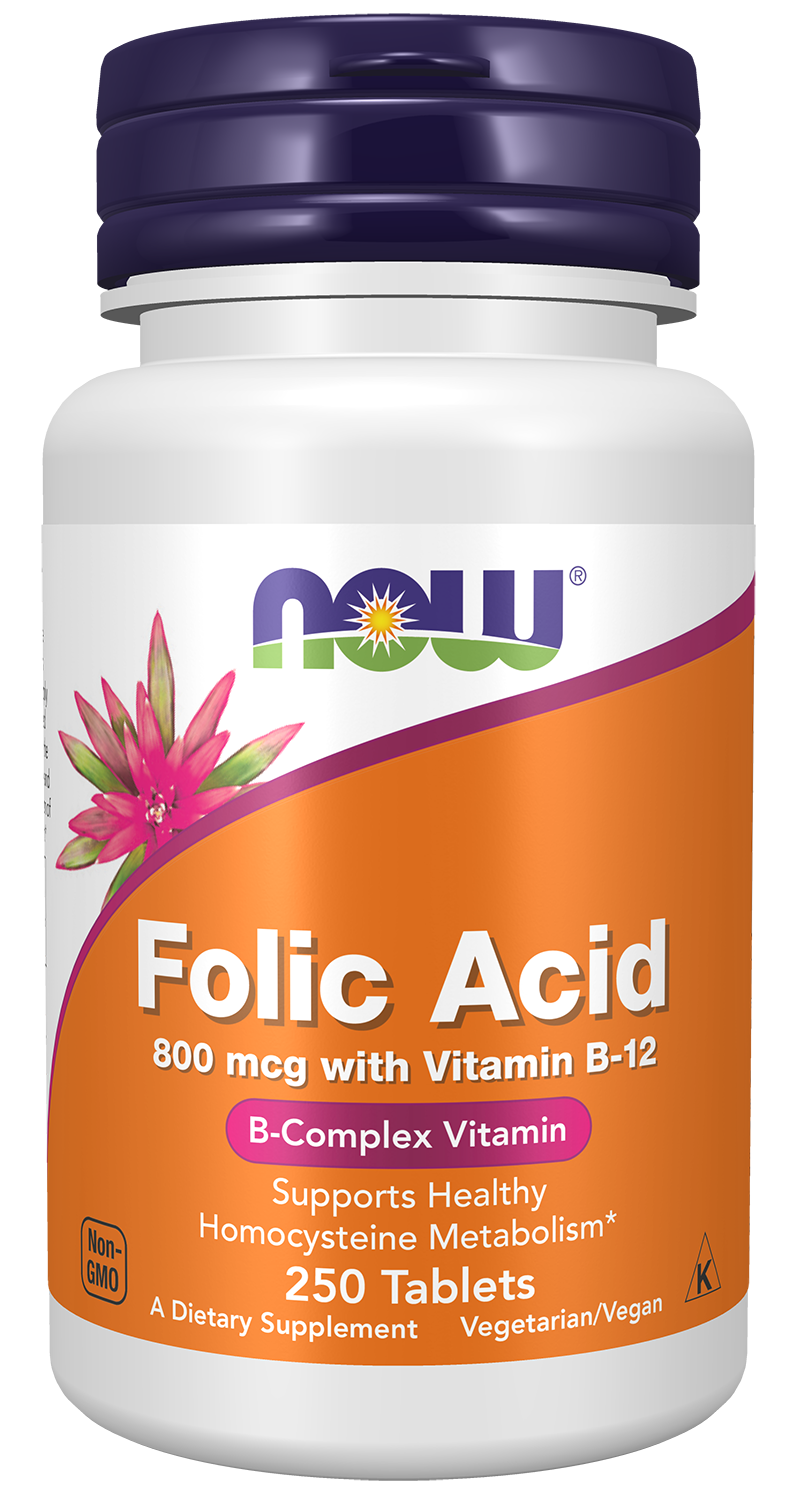 NOW Supplements, Folic Acid 800 mcg + B-12 25 mcg, B-Complex Vit, 250 Tabs — product image