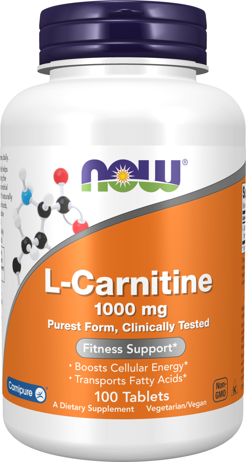 NOW Supplements, L-Carnitine 1,000 mg, Purest Form, Amino Acid, 100 Tabs — product image