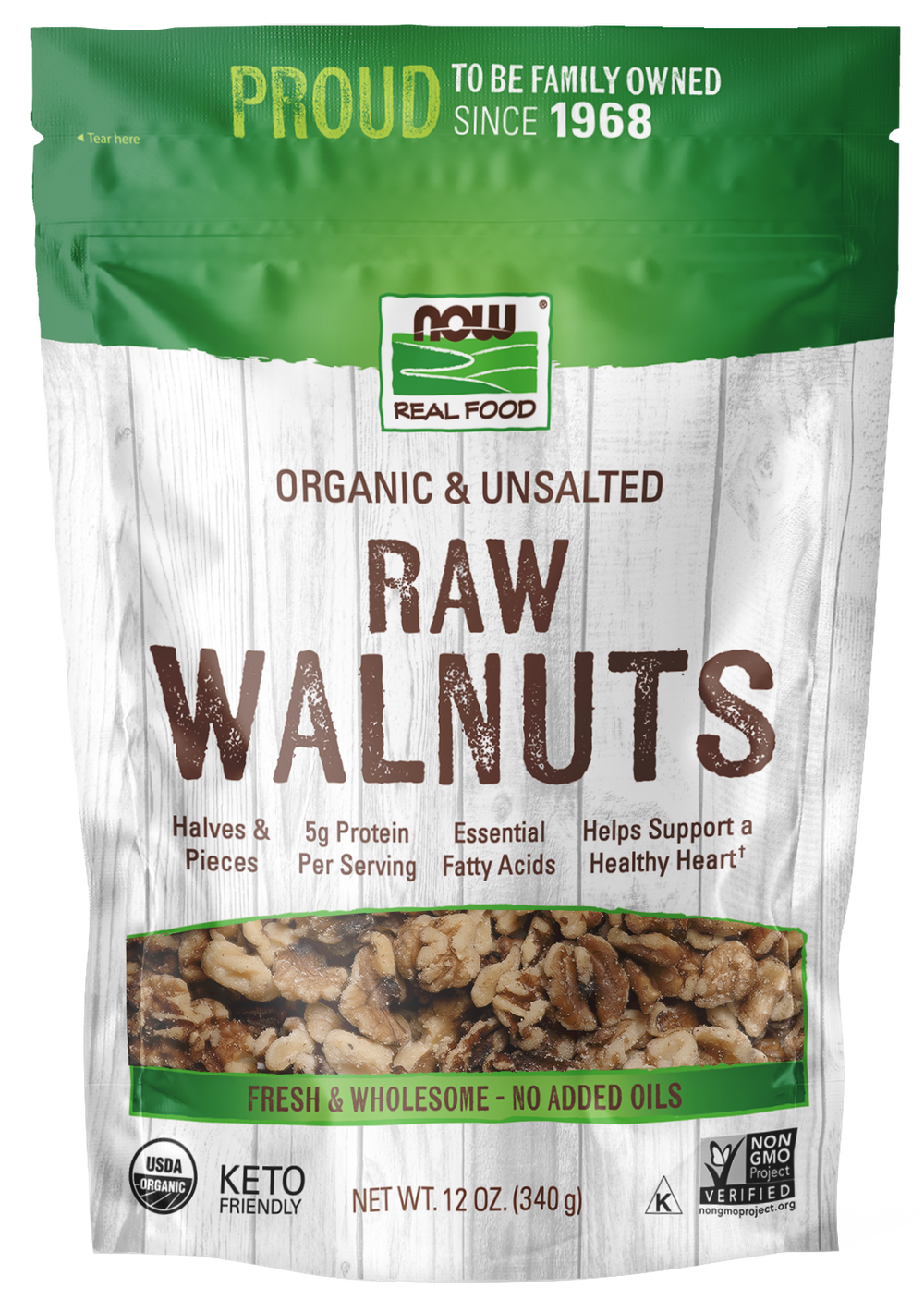NOW Foods, Organic Walnuts Halves and Pieces, Raw, Unsalted, 12 oz — product image