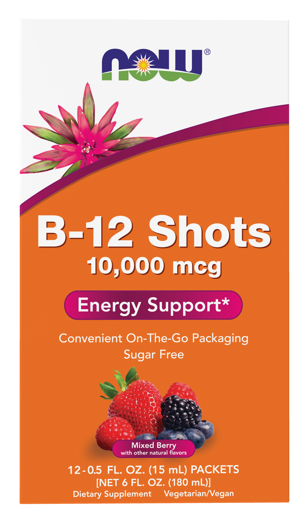 NOW Supplements, B-12 10,000 mcg Shots, Sugar Free, 0.5 fl. oz, 12/Box — product image