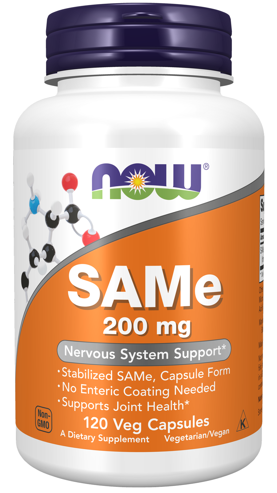NOW Supplements, SAMe 200 mg, Nervous System Support*, 120 Veg Caps — product image