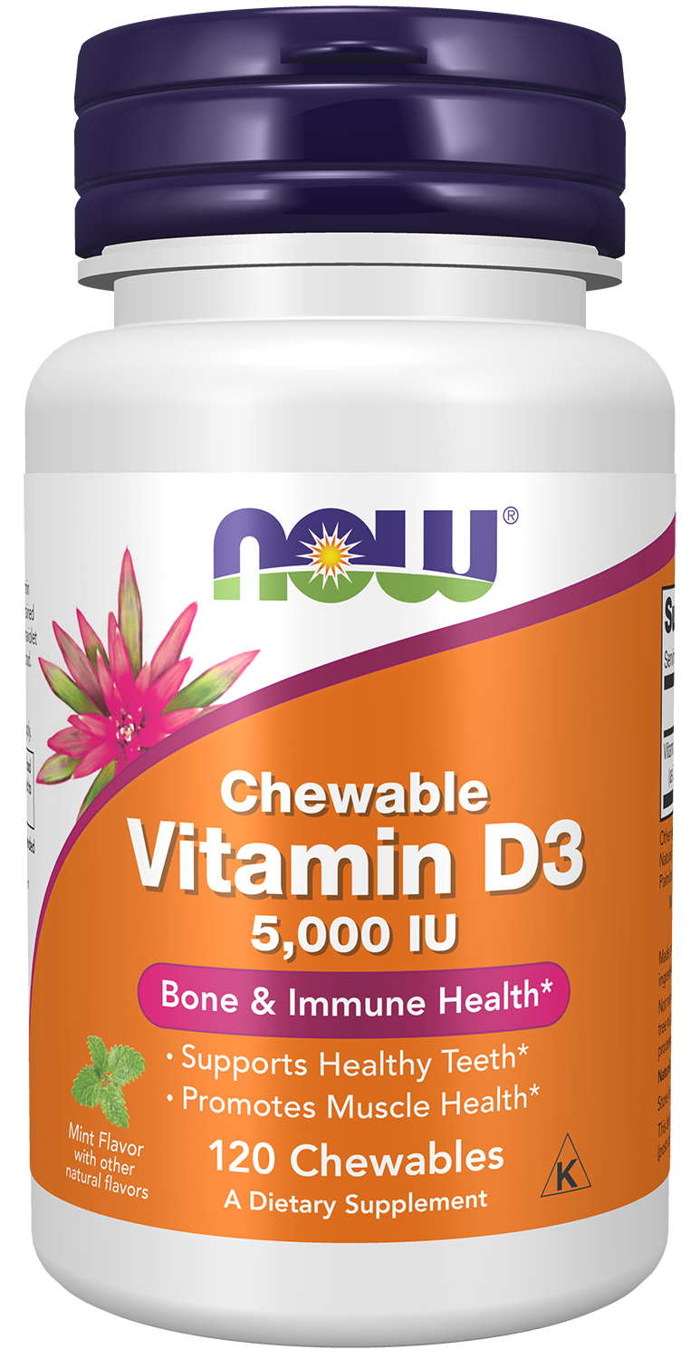 NOW Supplements, Vitamin D-3 5,000 IU, Mint Flavor, 120 Chewables — product image