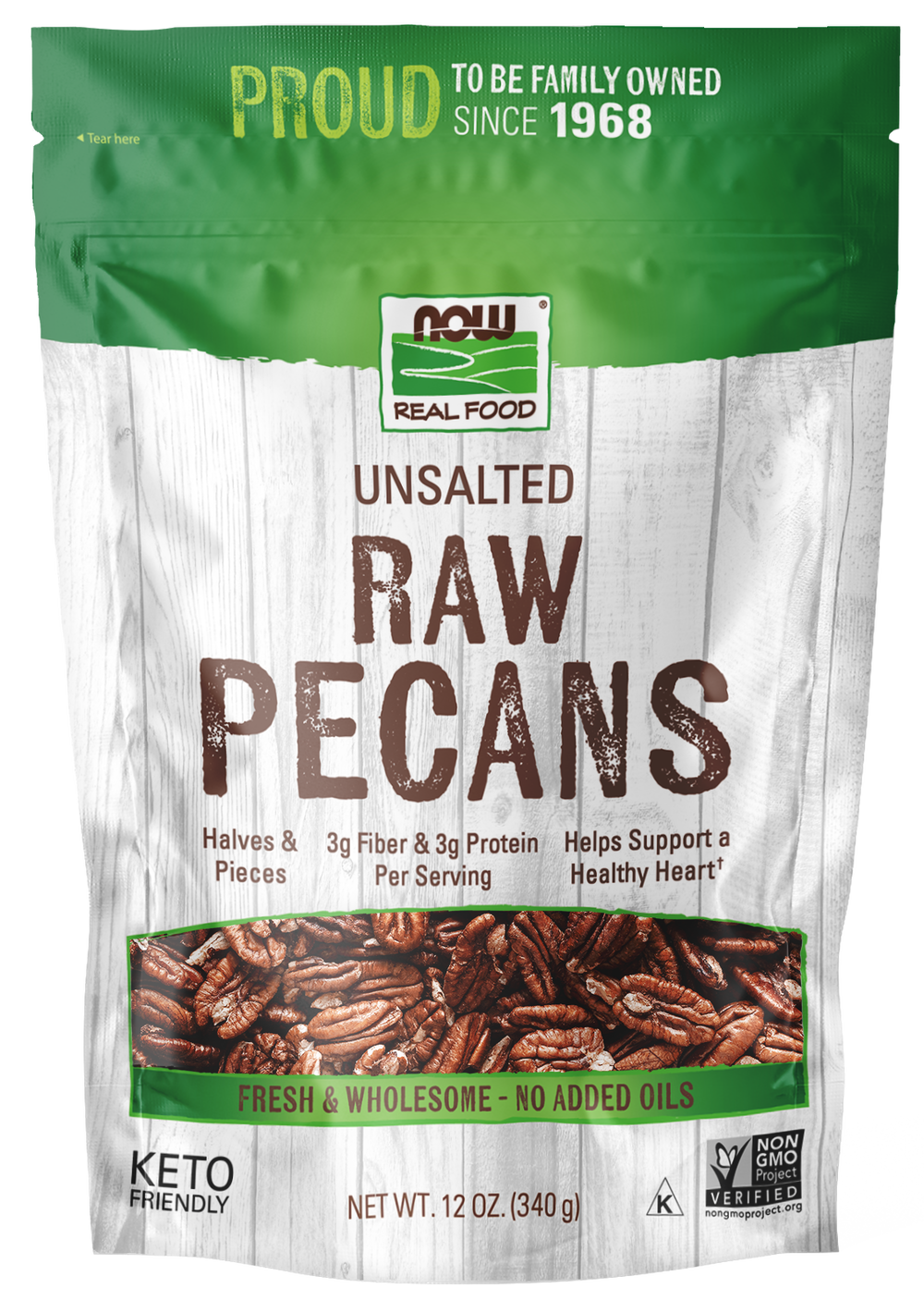 NOW Foods, Pecans, Halves and Pieces, Raw, Unsalted, 12 oz — product image