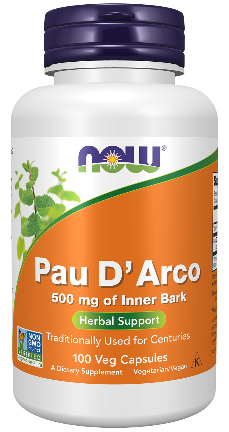 NOW Supplements, Pau D'Arco 500 mg, Herbal Support, 100 Veg Caps — product image