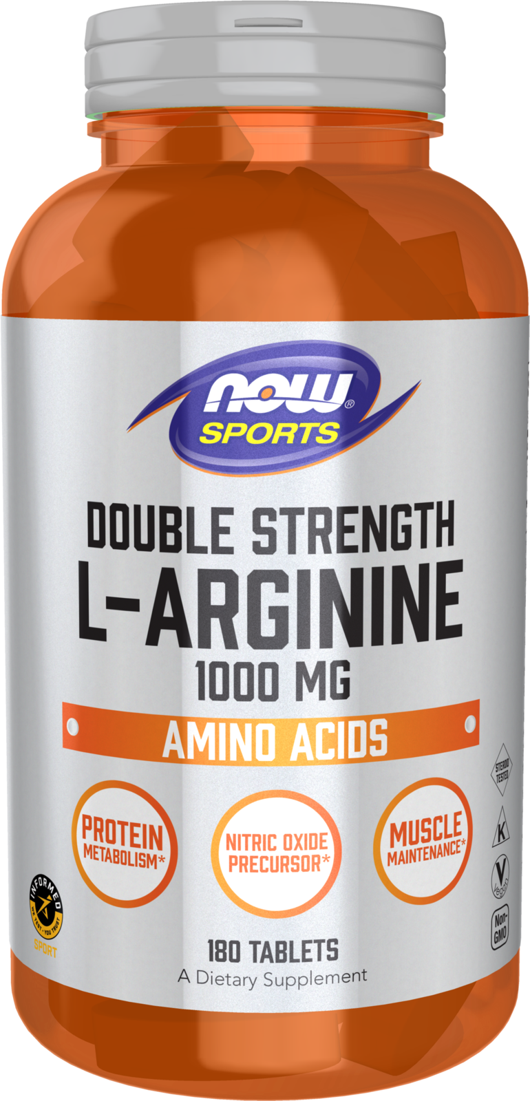NOW Sports, L-Arginine 1,000mg, Double Strength, N.O. Precursor*, 180 Tabs — product image