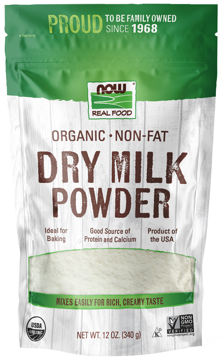 NOW Foods, Organic Non-Fat Dry Milk Powder, Good Source of Calcium, 12 oz — product image