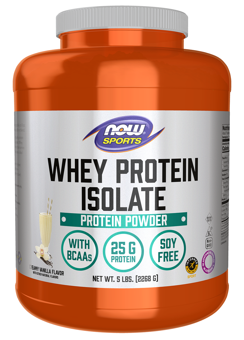 NOW Sports, Whey Protein Isolate 25 g With BCAAs, Vanilla Flavor, 5 lbs — product image