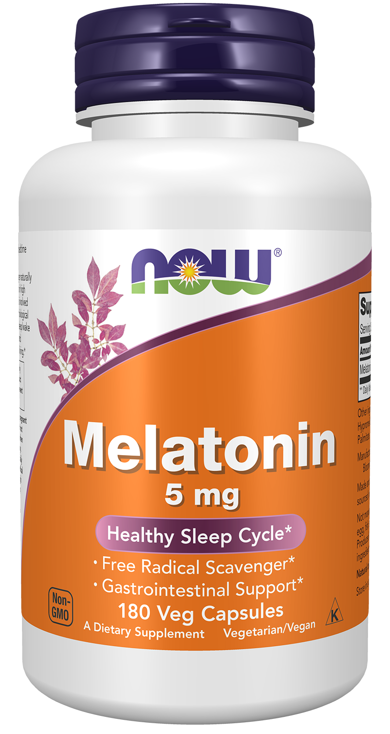 NOW Supplements, Melatonin 5 mg, Healthy Sleep Cycle*, 180 Veg Caps — product image
