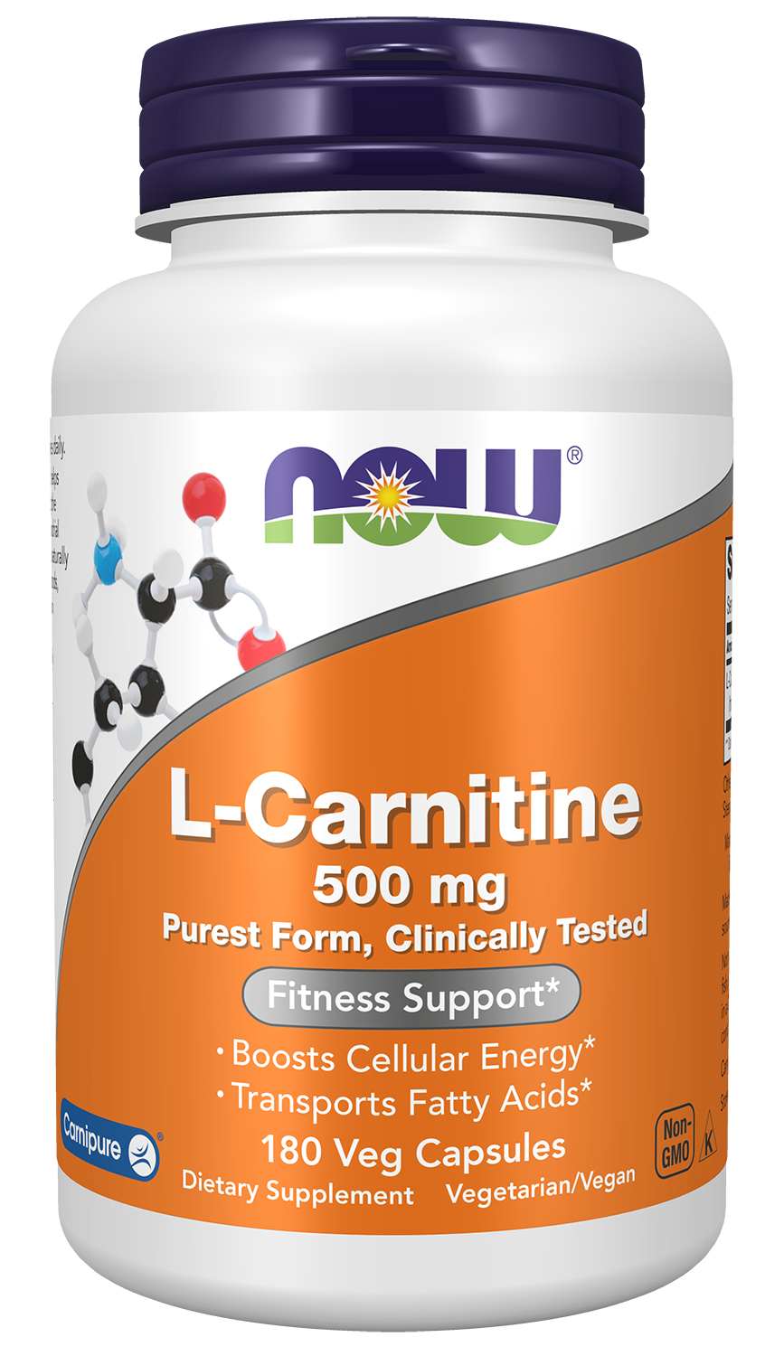 NOW Supplements, L-Carnitine 500mg, Purest Form, Amino Acid, 180 Veg Caps — product image