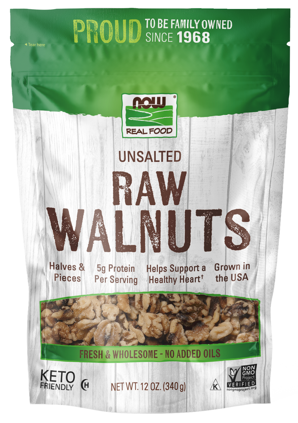 NOW Foods, Walnuts, Halves and Pieces, Raw, Unsalted, 12 oz — product image