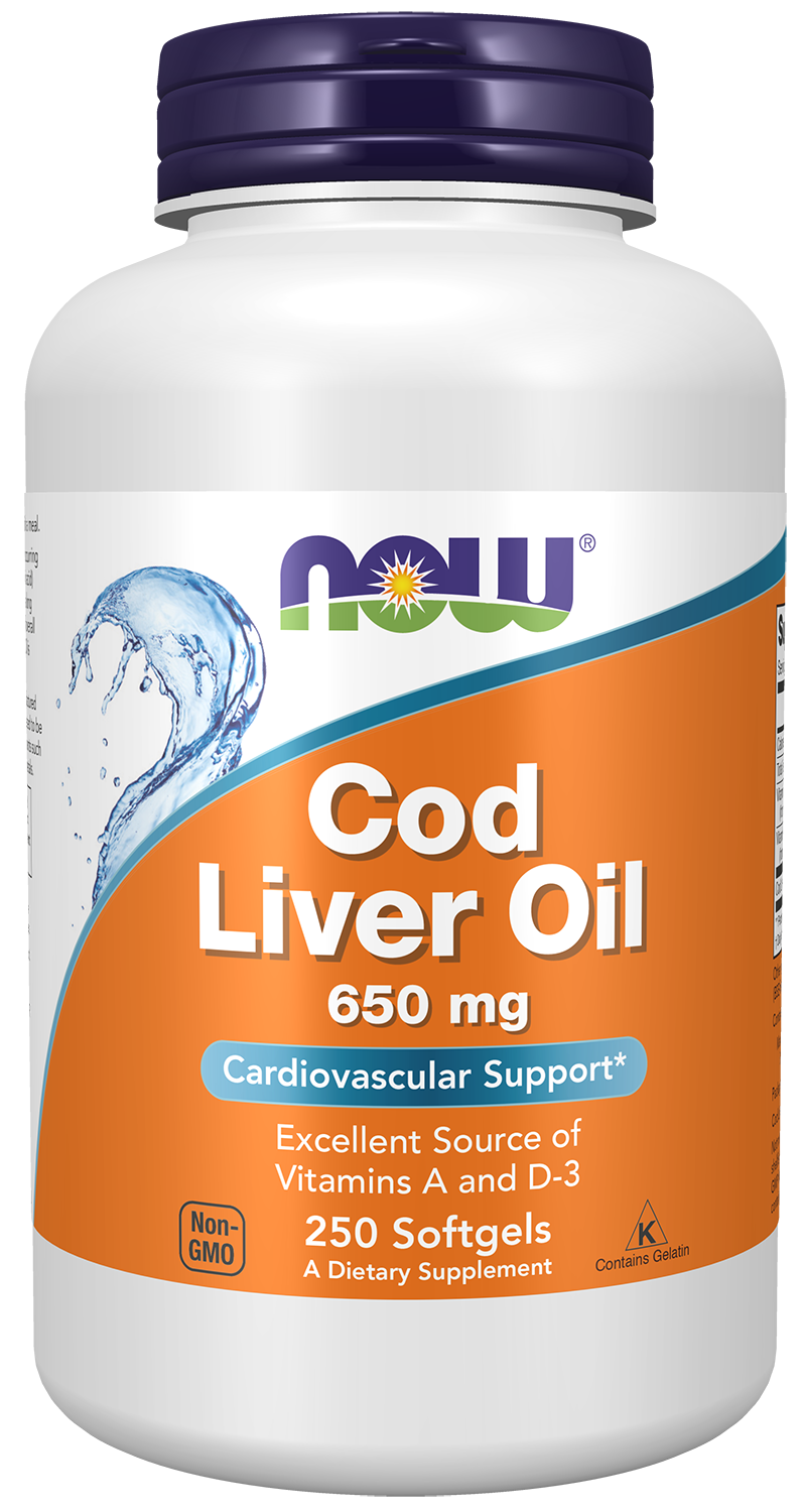 NOW Supplements, Cod Liver Oil 650 mg, Vitamins A & D-3, 250 Softgels — product image