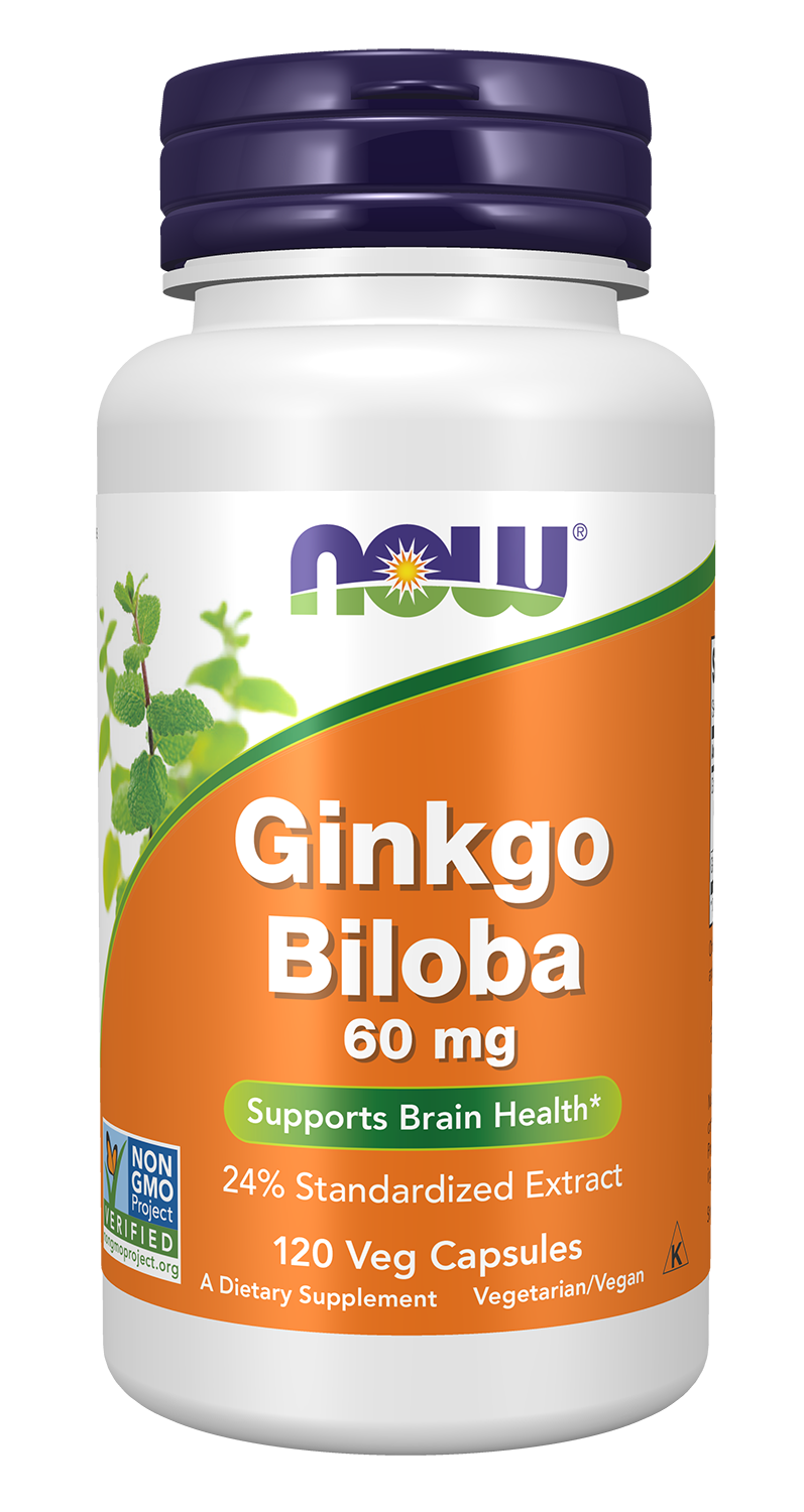 NOW Supplements, Ginkgo Biloba 60 mg, 24% Standardized Ext., 120 Veg Caps — product image