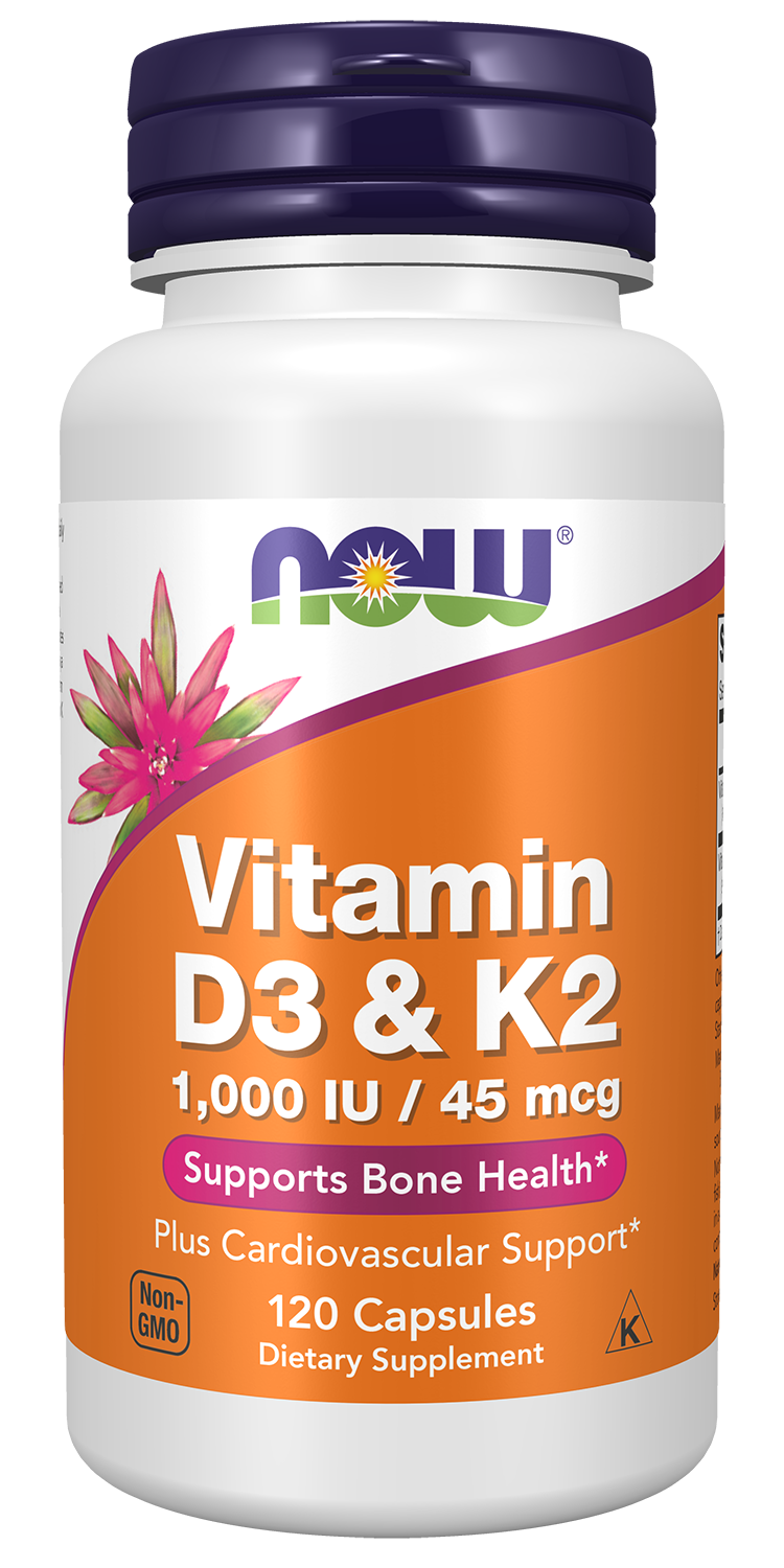 NOW Supplements, Vitamin D-3 & K-2, 1,000 IU/45 mcg, 120 Veg Caps — product image