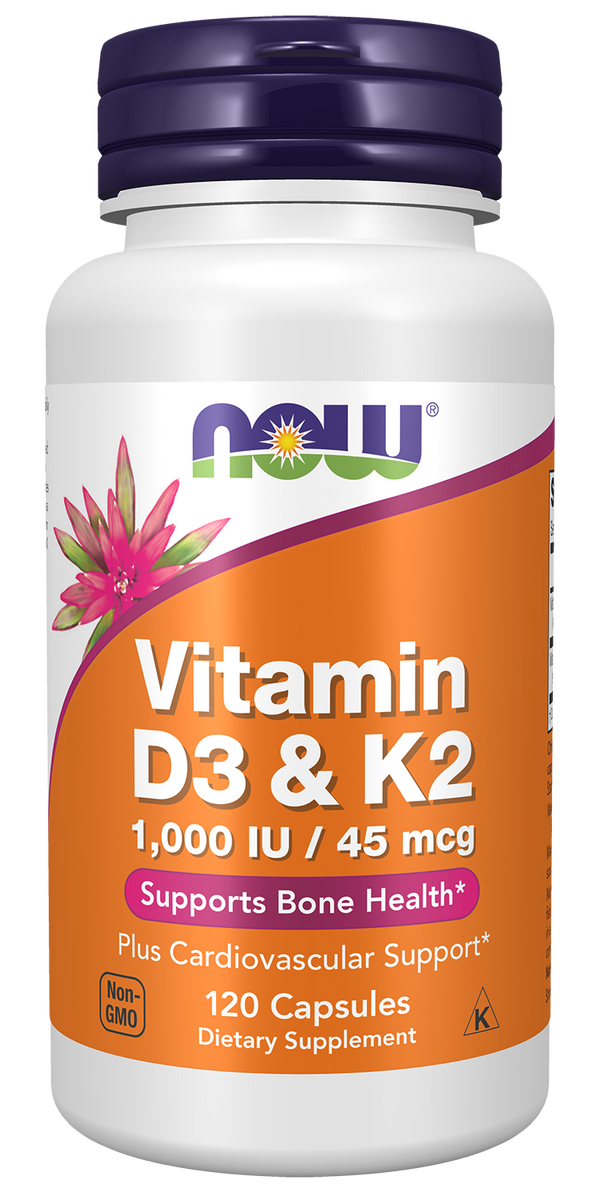 NOW Supplements, Vitamin D-3 & K-2, 1,000 IU/45 mcg, 120 Veg Caps — product image