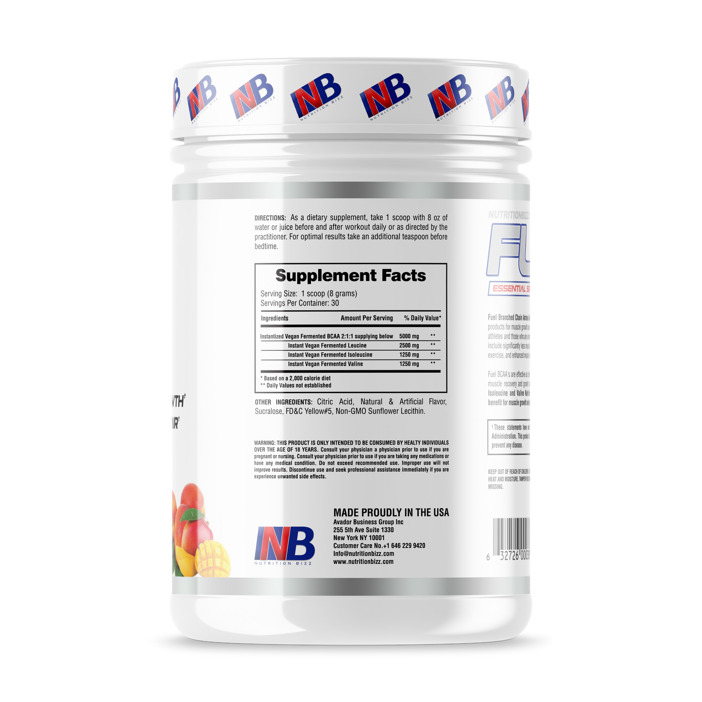 NutritionBizz Fuel BCAA Powder, 5 Grams of BCAAs Amino Acids 30 Servings PEACH MANGO